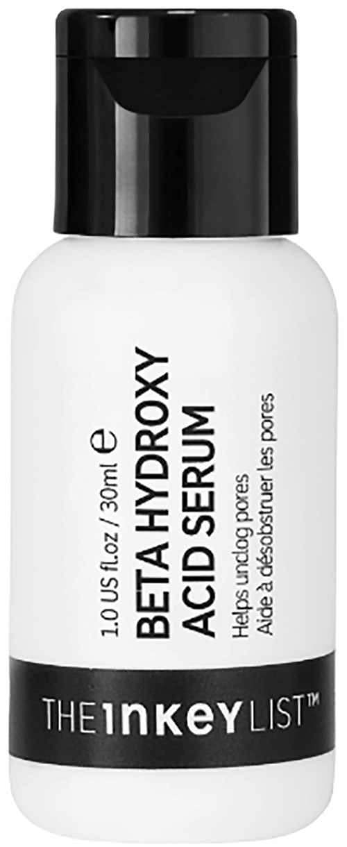 A small white bottle with a black cap labeled Beta Hydroxy Acid Serum to help with pores.