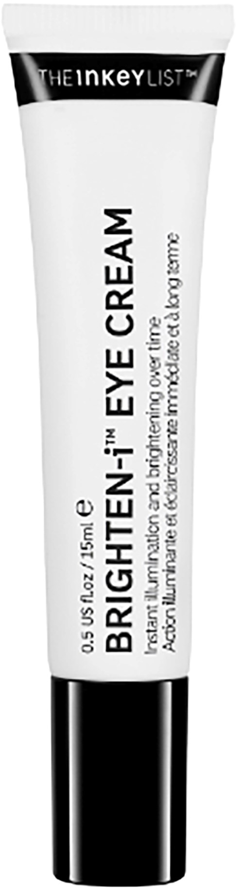 Een witte tube met zwarte dop en tekst voor verhelderende oogcrème door The Inkey List.