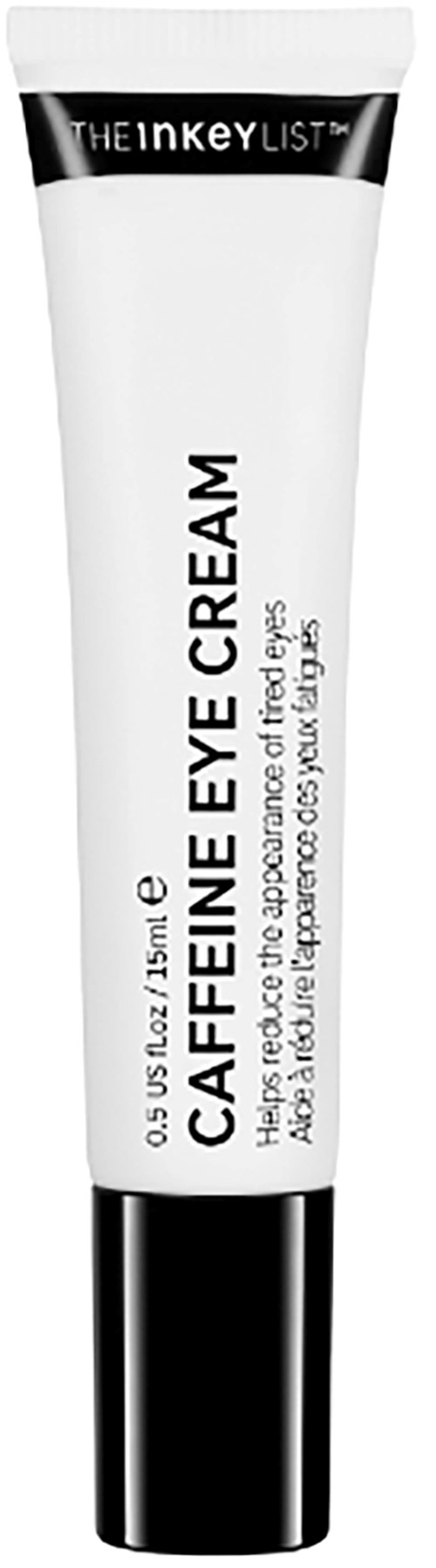 Een witte tube met een zwart en wit deksel, gemarkeerd als cafeïne oogcrème, voor oogverzorging. Bevat 0,5 US fl oz.