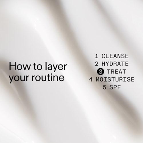 Een lijst met vijf stappen: reinigen, hydrateren, behandelen, verzorgen en SPF voor huidverzorging. Het legt uit hoe producten op te bouwen.