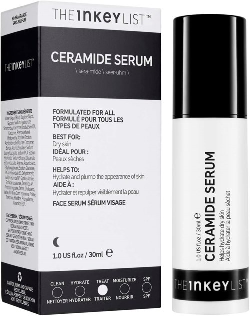 Een huidverzorgingsproductdoos en fles met 'Ceramide Serum' voor droge huid, belooft hydratatie en een gladdere huid.
