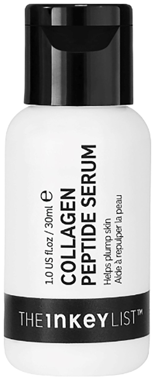 En liten hvit flaske med svart lokk, merket Kollagen Peptid Serum, fra The Inkey List for hudpleie.