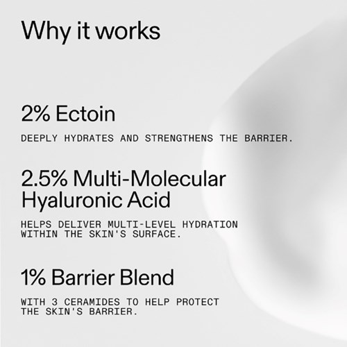 A skincare product description explaining how it works with ingredients for hydration and skin barrier protection.