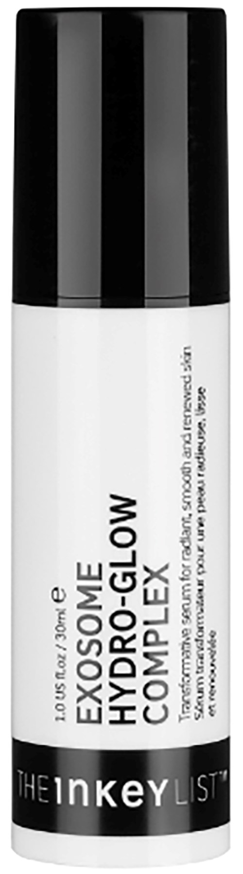 A white and black cylindrical skincare product labeled Exosome Hydrogel Complex LX from The Inkey List.