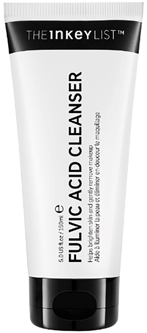 Een witte tube met zwarte bovenkant met label 'FULLVIC ACID CLEANSER' door THE INKEY LIST, bedoeld voor huidreiniging.