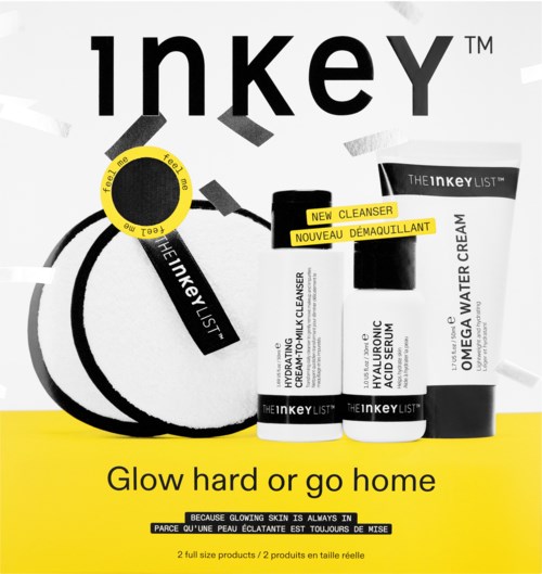 Three skincare products and logo with the tagline 'Glow hard or go home.'