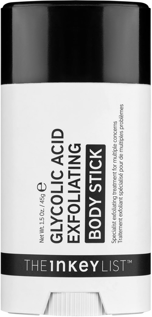 A cylindrical container of body stick with black cap, white label, and black text for skin treatment.