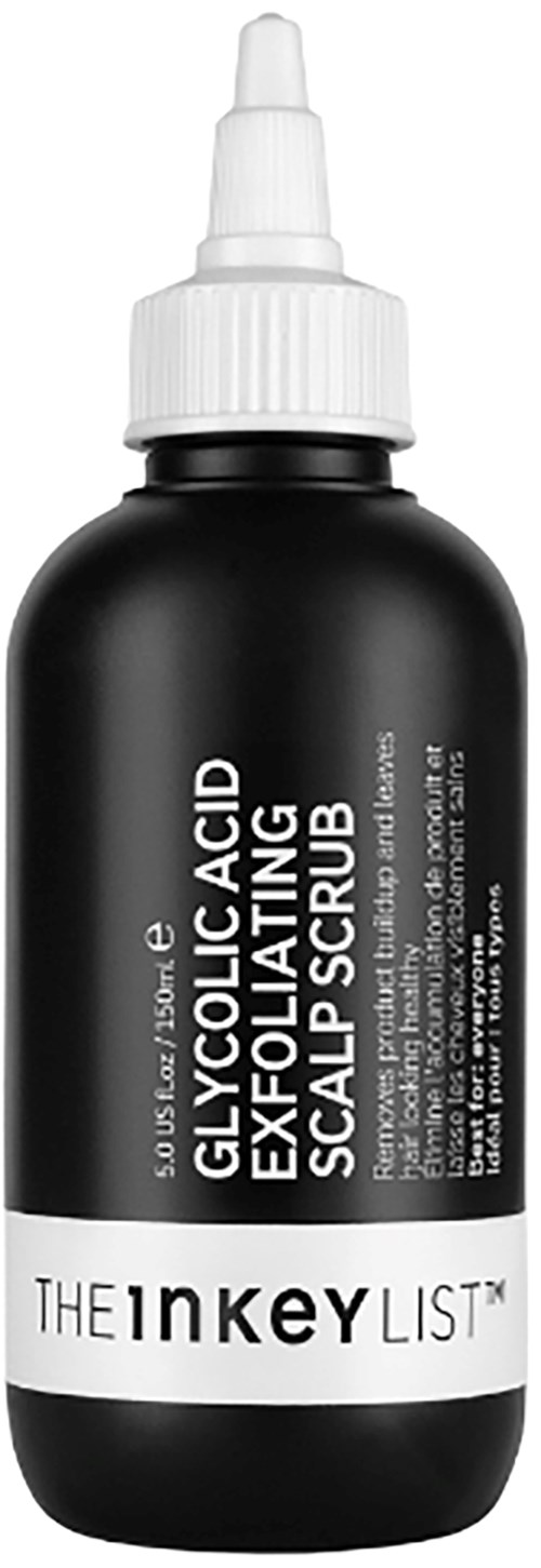 Een zwart flesje met een witte dop en label, gemerkt Glycolic Acid Exfoliating Scalp Scrub.