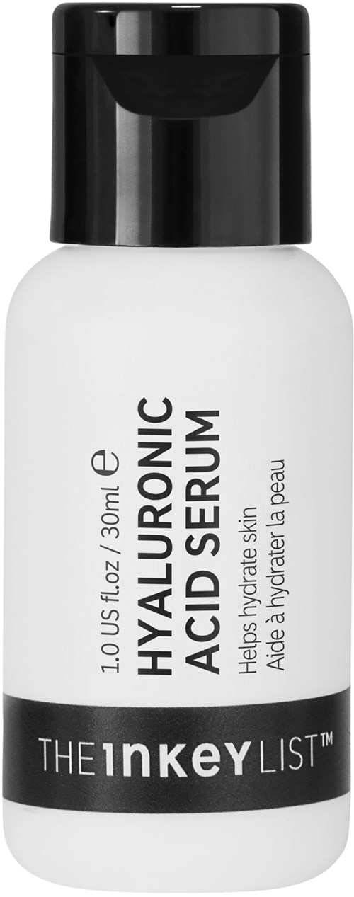 Kleine witte fles met zwarte dop met label Hyaluronic Acid Serum van The Inkey List.