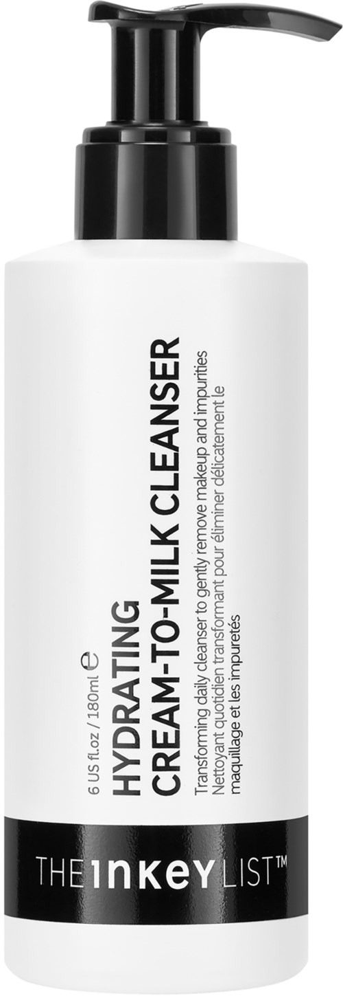 A white bottle with a black pump, labeled 'HYDRATING CREAM-TO-MILK CLEANSER' from The Inkey List.