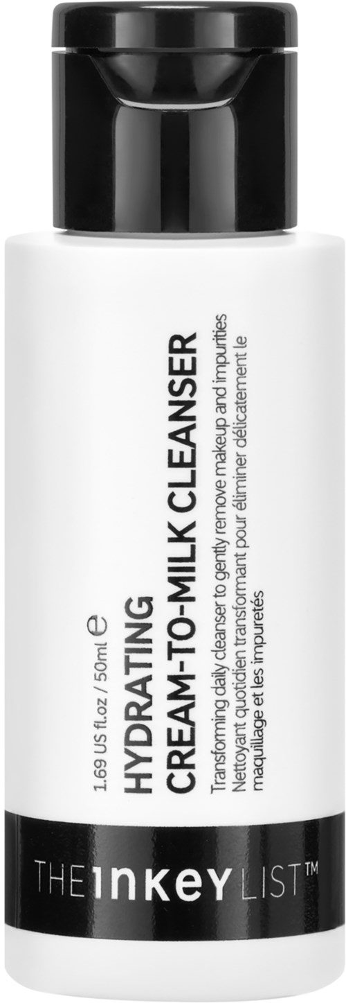 A white bottle with a black cap labeled 'Hydrating Cream-10-Milk Cleanser' from The Inkey List.
