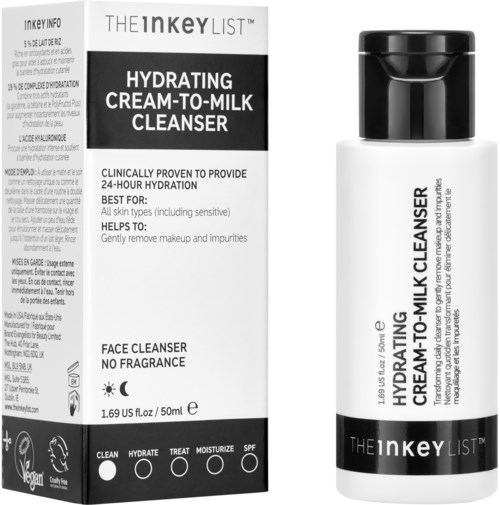 A white bottle with black cap next to its box, labels as Hydrating Cream-to-Milk Cleanser for all skin types.