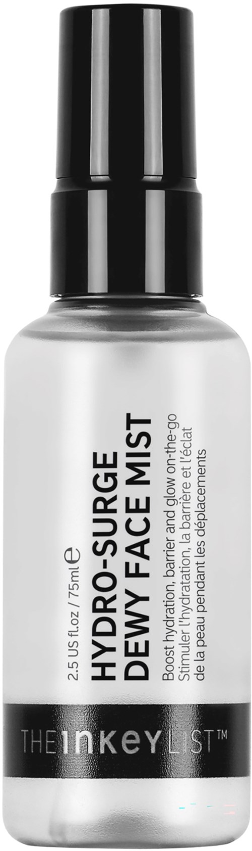 A clear spray bottle labeled Hydro-Surge Dewy Face Mist with black cap and text, used for skincare.