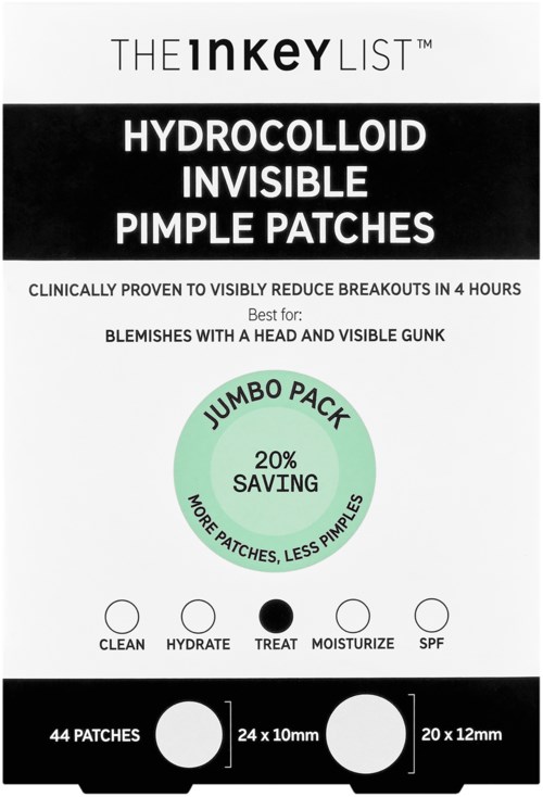 A product package for Hydrocolloid Invisible Pimple Patches claims to reduce breakouts fast, with a jumbo pack offering 20% saving.