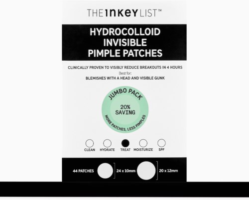 Product for acne with dark patches, 44 hydrocolloid patches, arrives in a box, with labels for use and size.