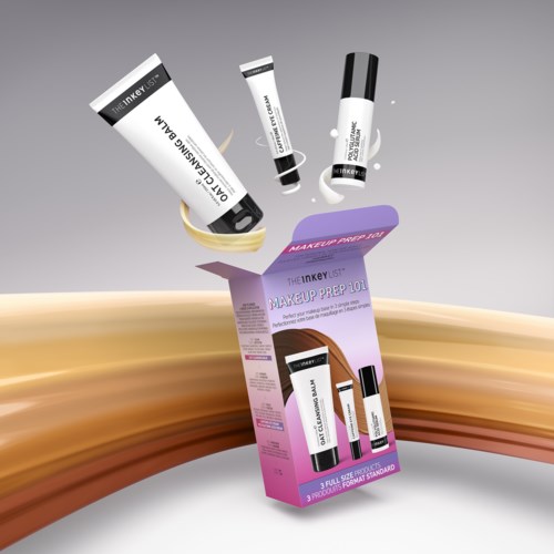 Makeup products, including tubes and a box, are shown with some items floating above, against a plain background.