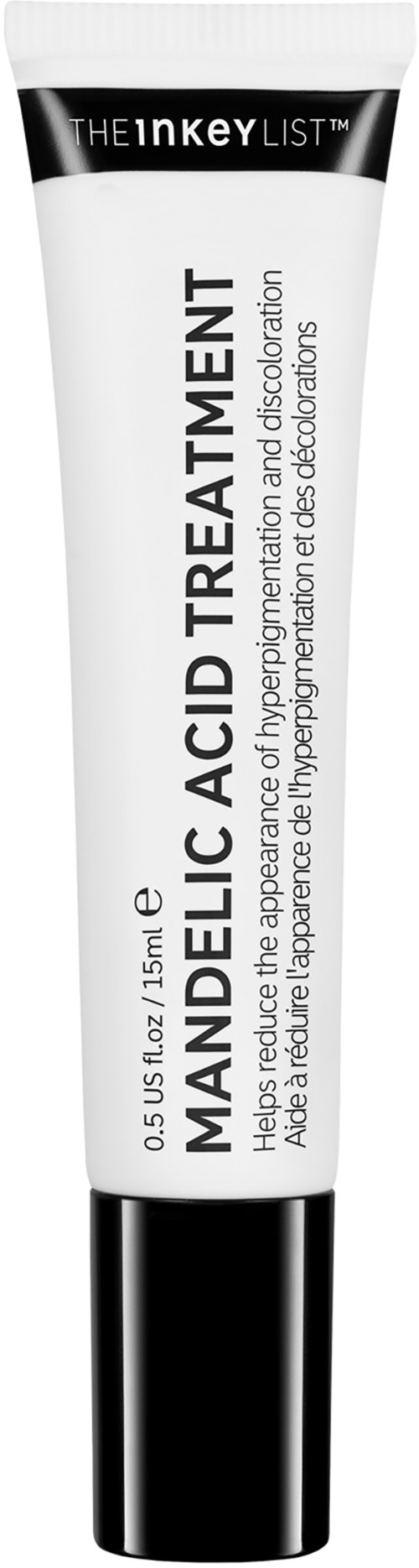 Een witte tube met zwarte dop gemarkeerd Mandelic Acid Acne Treatment, ontworpen voor huidverzorging.