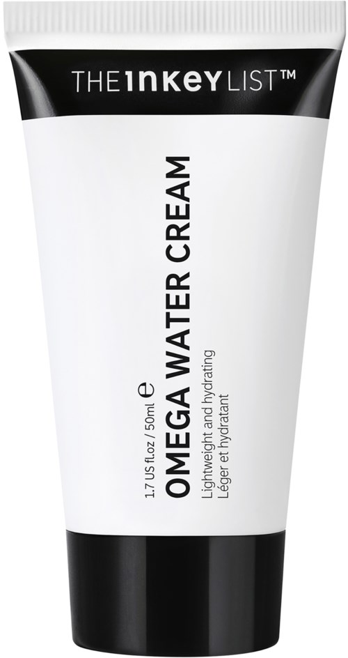 Een witte en zwarte tube met label Omega Water Cream, lichtgewicht en hydraterend huidverzorgingsproduct.