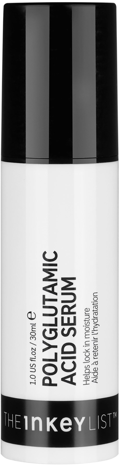 Witte tube met zwarte dop gemerkt als polyglyutamic acid serum voor hydratatie en huidverzorging.