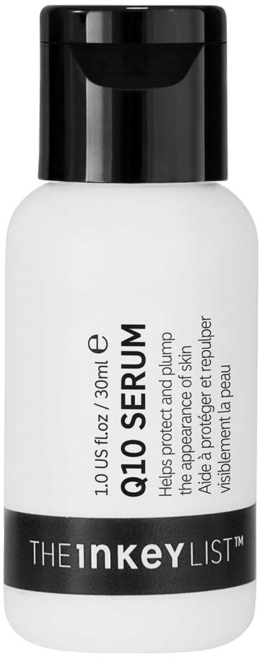 Een witte fles met zwarte dop, gelabeld Q10 Serum voor huidverzorging, van The Inkey List, 30 ml.