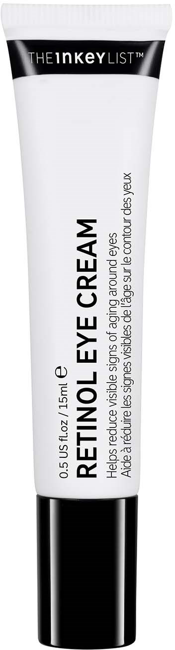 Een witte tube met zwarte dop met label 'Retinol Eye Cream' helpt fijne lijntjes te verminderen en de onderooghuid te verhelderen.