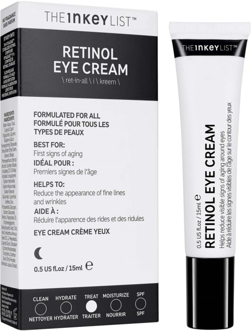 Retinol oogcrème in een witte en zwarte tube met tekst, naast een doos met productgegevens en instructies.