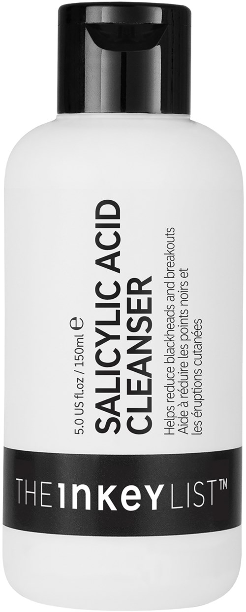 Een witte fles met zwarte dop met salicylzuurreiniger voor acne en puistjes.