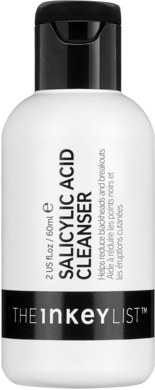 En hvit flaske med svart hette merket Salicylic Acid Cleanser fra The Inkey List.
