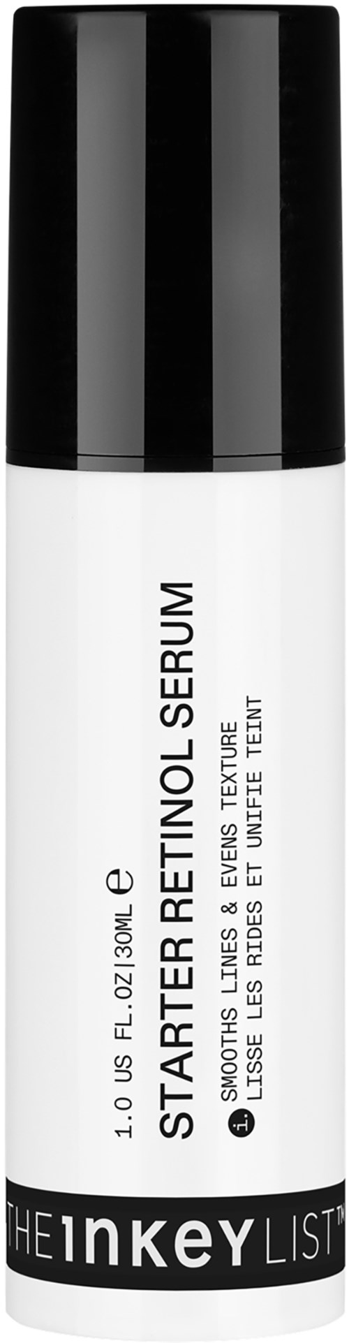A white bottle with a black cap labeled 'Starter Retinol Serum' and 'The Inkey List' branding.