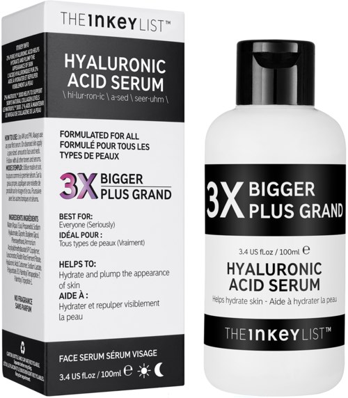 Hyaluronsyra serum hjälper till att återfukta huden, visas med en flaska och låda märkta för alla hudtyper, större och stor.
