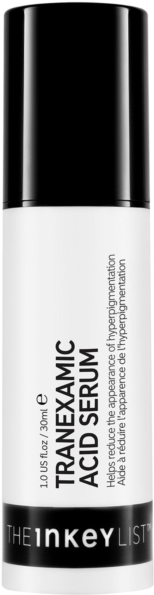 Een witte en zwarte cilindervormige fles met labels over huidverzorgingsvoordelen en merknaam.