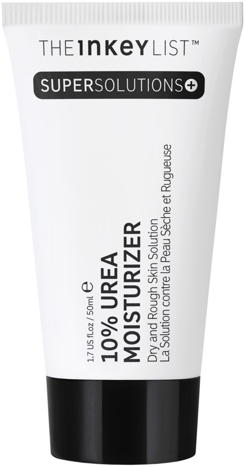 Witte tube met huidverzorgingscrème met zwarte dop, voor hydratatie van droge huid met 10% Urea en huidverzorgingsoplossingen.