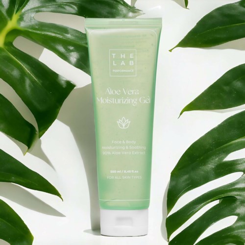Vihreä aloe vera koste ja ympärillä suuria vihreitä lehtiä.