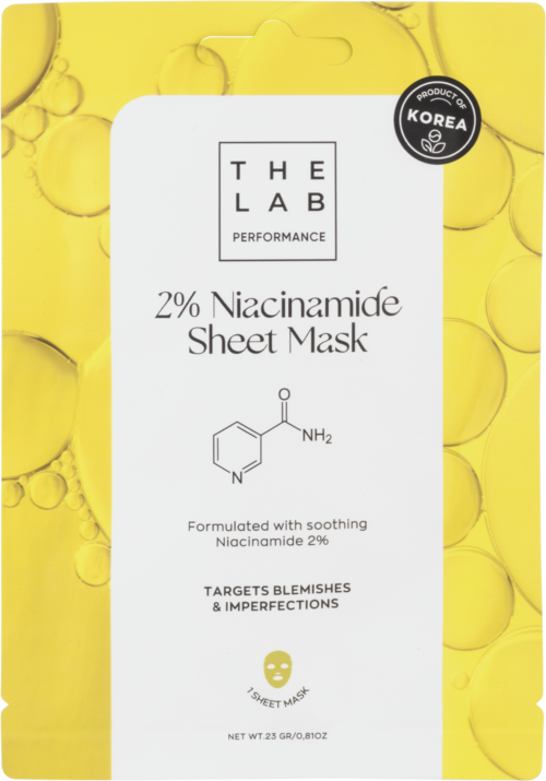 Keltainen kasvomaskipakkaus, jossa lukee 2% Niacinamide Sheet Mask ja sen hyödyt.