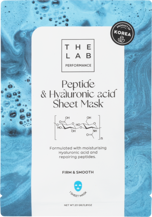 Sininen tausta kuplien kanssa, esittää valkoisen pakkauksen peptide- ja hyaluronihappoarkkikuorojen maskille. Sisältää tuotetiedot.