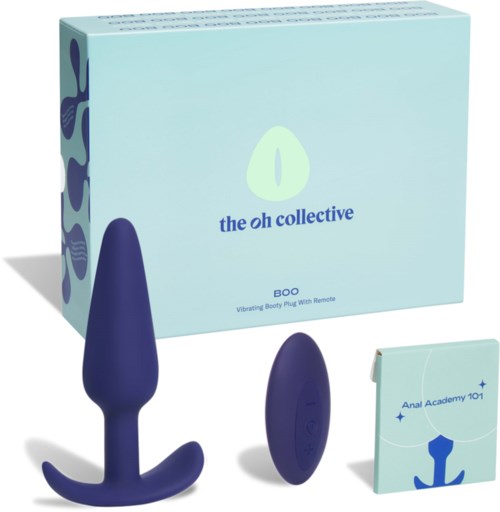 En box med märkningen 'the oh collective' innehåller en blå dildo, fjärrkontroll och en häfte som heter 'Anal Academy 101.'
