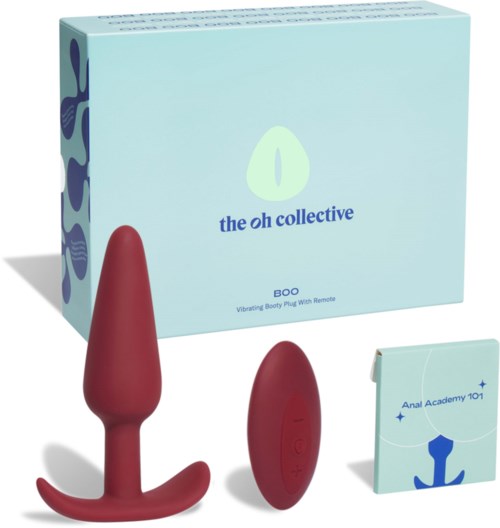 A red anal vibrator, remote control, box, and instruction booklet are displayed, promoting sexual health products.