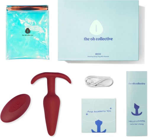 A sexual wellness set includes a vibrating butt plug, remote control, charger, and informational booklets, all branded as the oh collective.