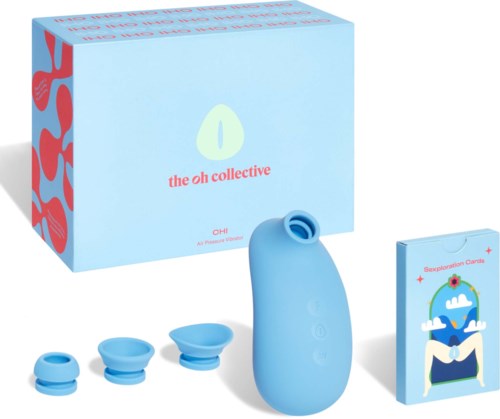 A blue device with three different silicone attachments, a box, and a small booklet, all part of a wellness kit.