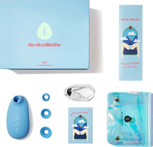 A blue box and accessories for a portable device, with a colorful illustration and instructions on the packaging.
