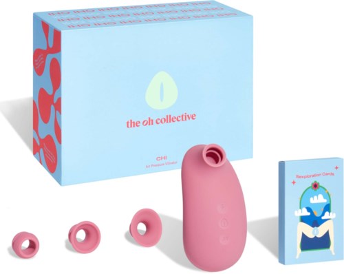 Pink silicone device with four removable rings and a box labeled 