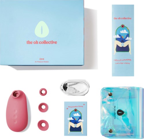 The image shows a pink device, three rings, a clear silicone holder, and a box and sticker with the oh collective logo.