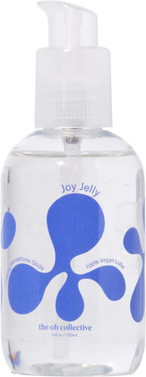 A clear bottle with blue abstract shapes and text, labeled 'Joy Jelly' and 'the oh collective,' filled with transparent liquid.