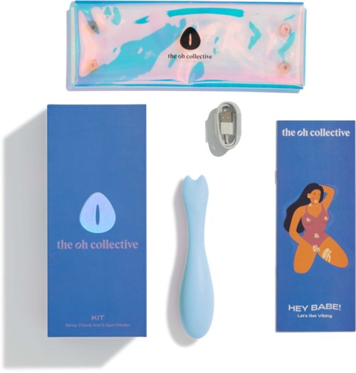 A set of beauty products includes a box, a blue box, a white tool, and a card with a woman illustration.