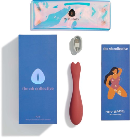 A box with a logo, a blue box, a pink device, a battery, and a card with a woman and butterfly illustration.