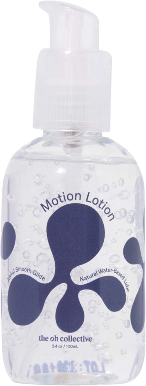 A clear pump bottle with blue abstract shapes and text reading 'Motion Lotion' and 'the oh collective' inside.