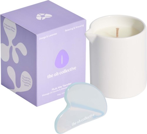 A lavender scented candle with a matching heart-shaped wax melt in a pink box.