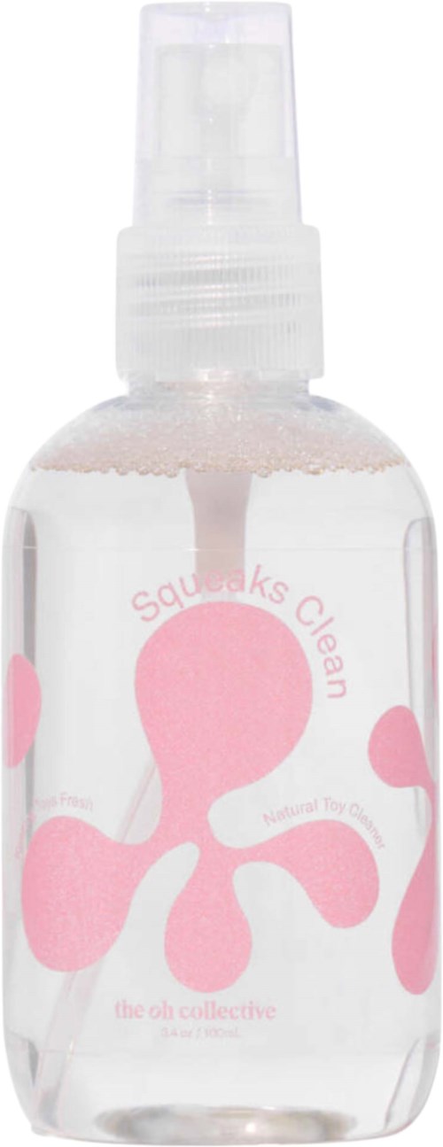 A clear spray bottle with a pink and white abstract design on it.