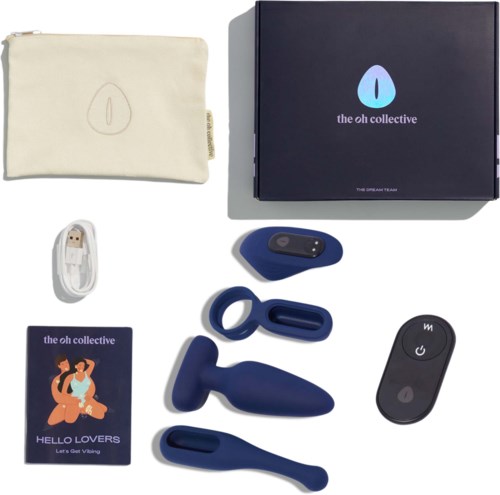 A box and various small items, including a remote, USB charger, and a card, are arranged neatly on a white surface.