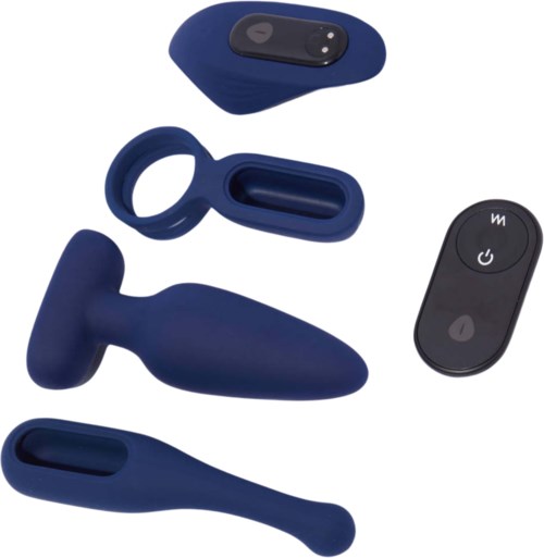 Various dark blue devices, including a remote, a small gadget, and a larger shaped item, are shown on a white background.